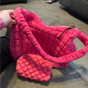Vibrant Pink Quilted puffer Tote with Pouch
